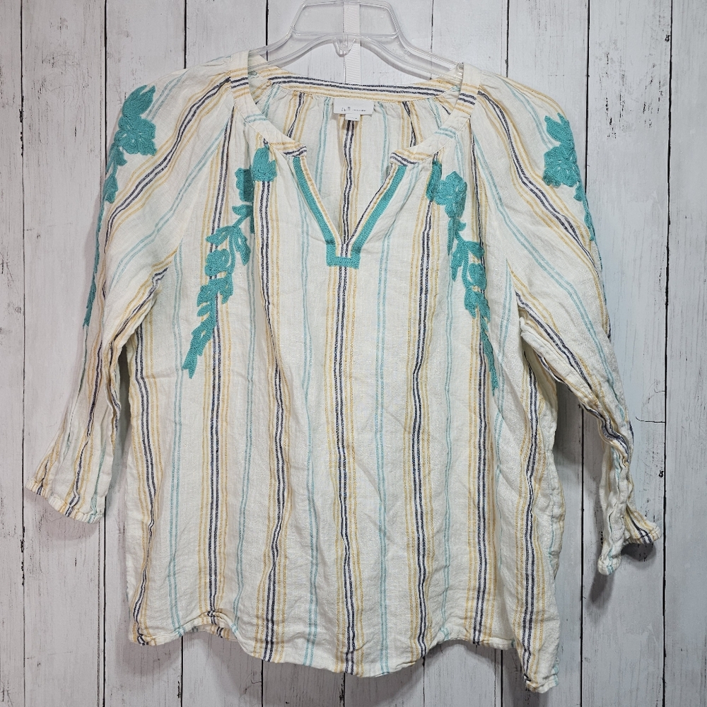 J. Jill Love Linen Womens Striped Embroidered Popover Shirt ¾ Sleeve Size Medium